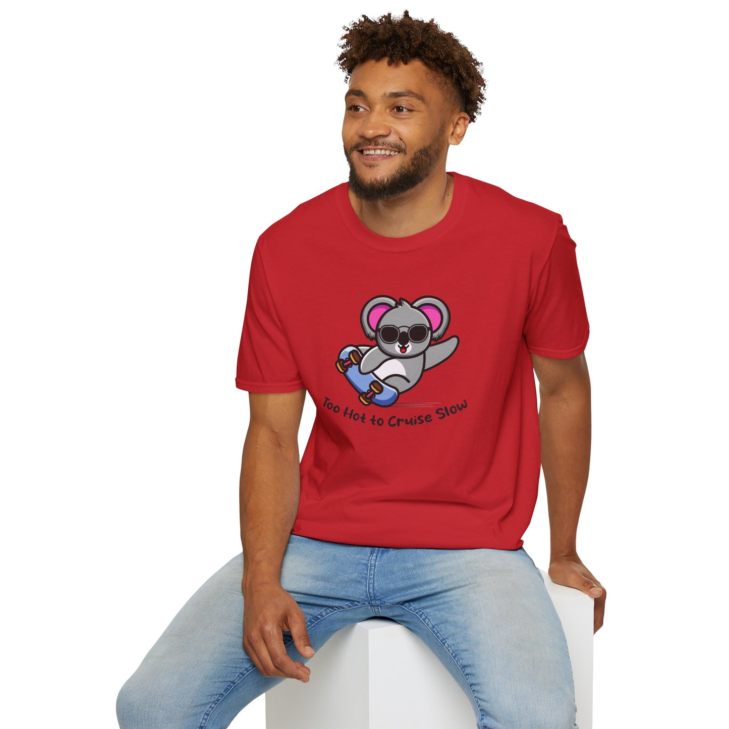 Koala Skateboard T‑Shirt — "Too Hot to Cruise Slow" Cute Skateboarder Graphic Tee