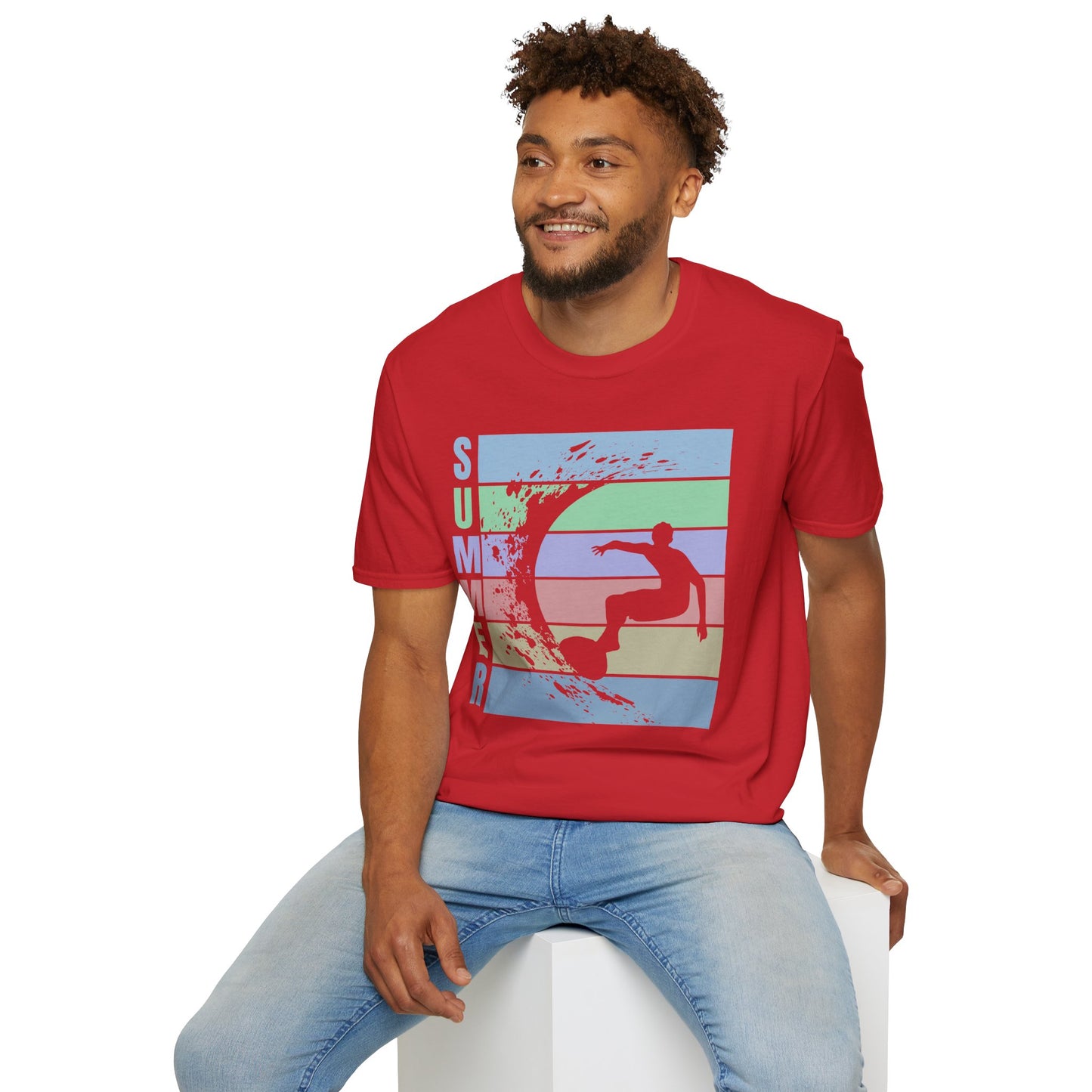 Summer Surf T-Shirt — Retro Stripes & Surfer Graphic