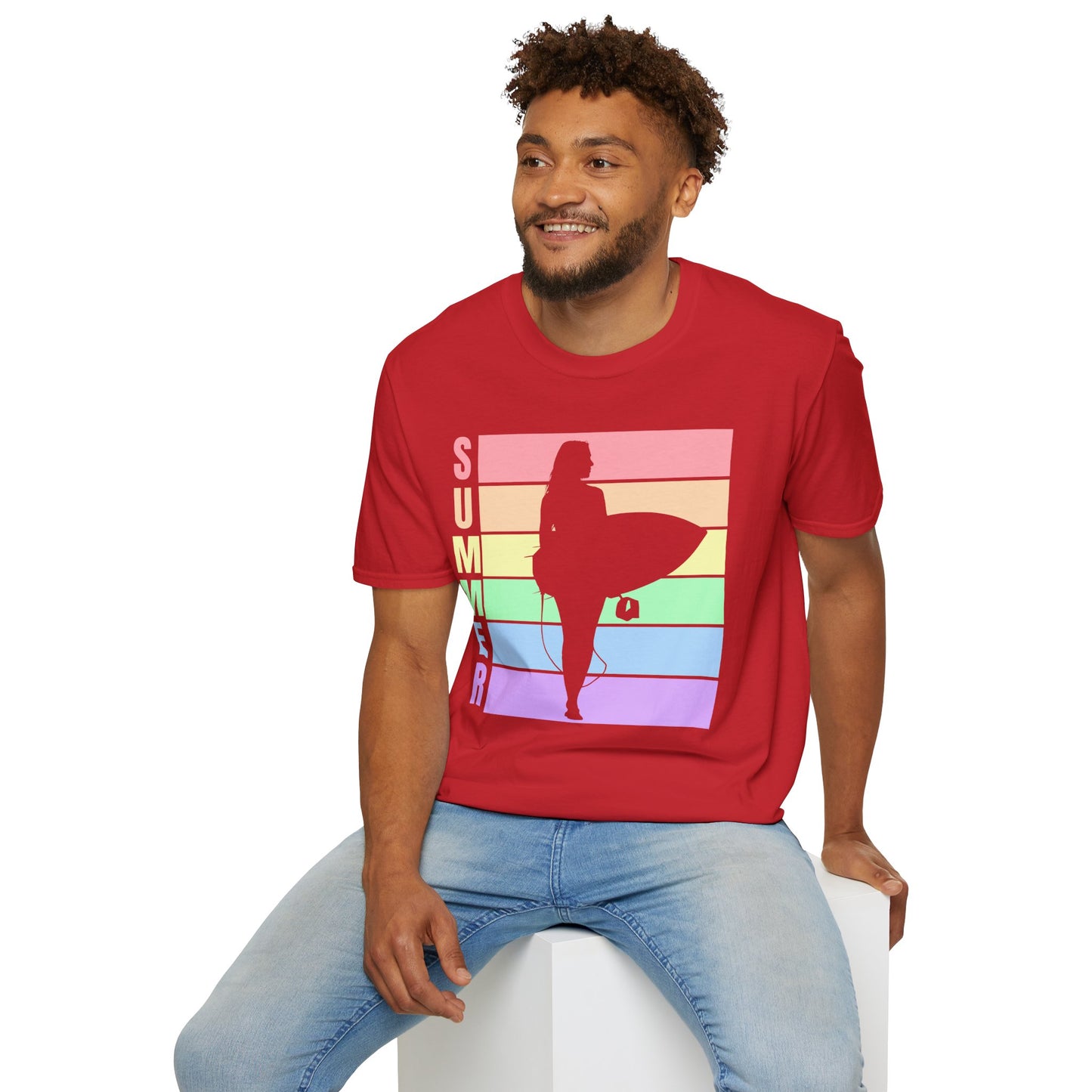 Summer Surf Silhouette T-Shirt — Pastel Rainbow Beach Tee