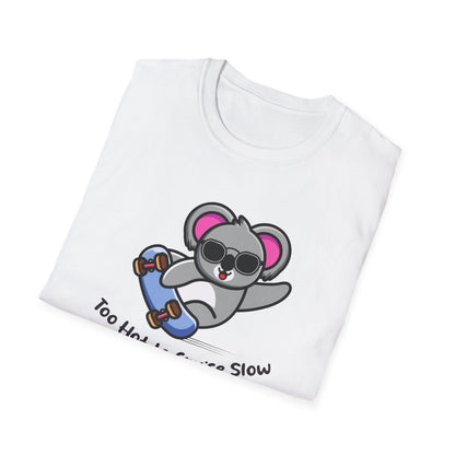 Koala Skateboard T‑Shirt — "Too Hot to Cruise Slow" Cute Skateboarder Graphic Tee