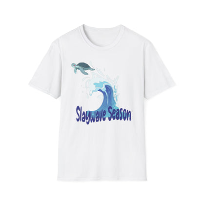 Sea Turtle Wave T-Shirt — "Slaywave Season" Coastal Surf Vibe Tee