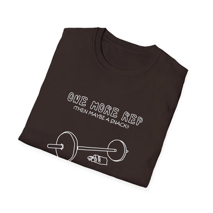Funny Gym T-Shirt - "One More Rep (Then Maybe a Snack)" Barbell Fitness Tee
