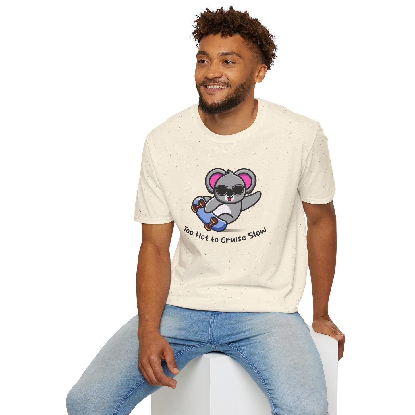 Koala Skateboard T‑Shirt — "Too Hot to Cruise Slow" Cute Skateboarder Graphic Tee