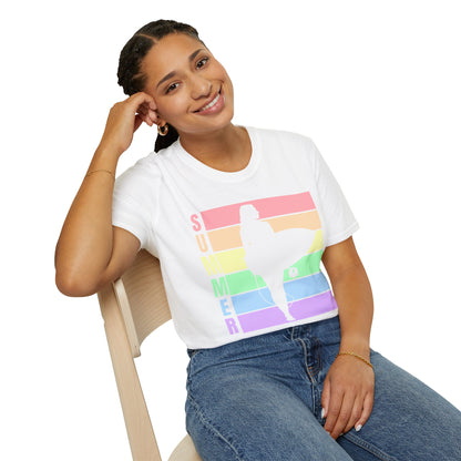Summer Surf Silhouette T-Shirt — Pastel Rainbow Beach Tee