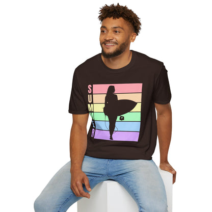 Summer Surf Silhouette T-Shirt — Pastel Rainbow Beach Tee