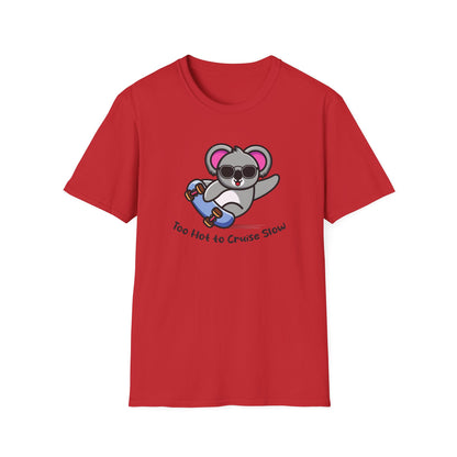 Koala Skateboard T‑Shirt — "Too Hot to Cruise Slow" Cute Skateboarder Graphic Tee
