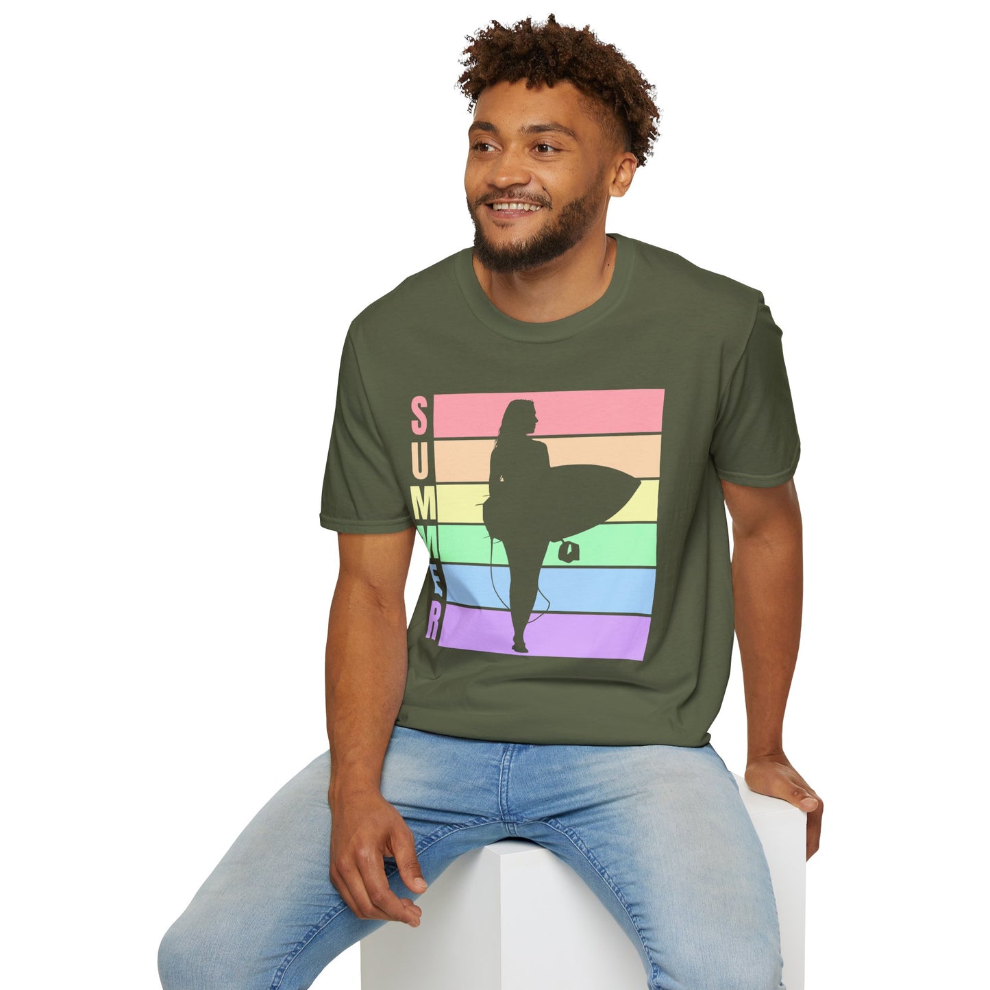 Summer Surf Silhouette T-Shirt — Pastel Rainbow Beach Tee