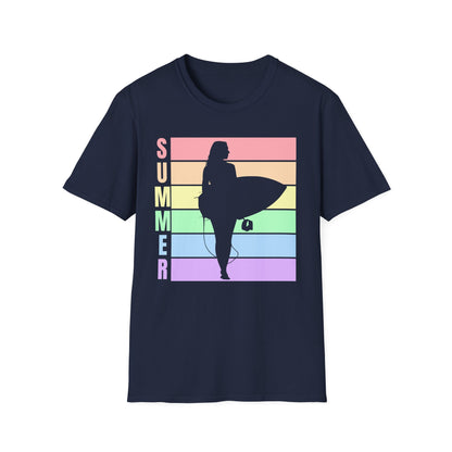 Summer Surf Silhouette T-Shirt — Pastel Rainbow Beach Tee