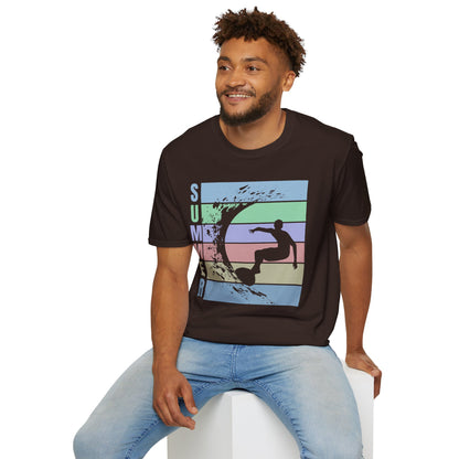 Summer Surf T-Shirt — Retro Stripes & Surfer Graphic