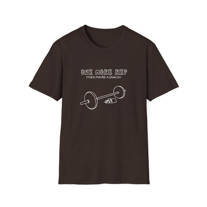 Funny Gym T-Shirt - "One More Rep (Then Maybe a Snack)" Barbell Fitness Tee