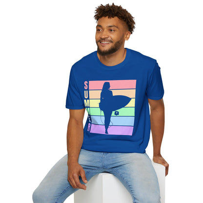 Summer Surf Silhouette T-Shirt — Pastel Rainbow Beach Tee