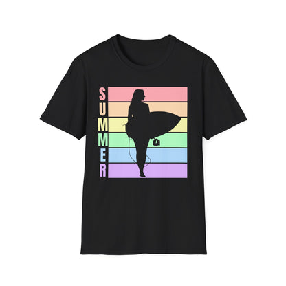Summer Surf Silhouette T-Shirt — Pastel Rainbow Beach Tee