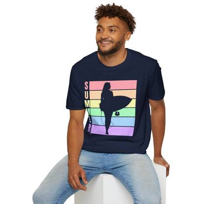 Summer Surf Silhouette T-Shirt — Pastel Rainbow Beach Tee