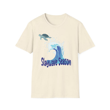 Sea Turtle Wave T-Shirt — "Slaywave Season" Coastal Surf Vibe Tee