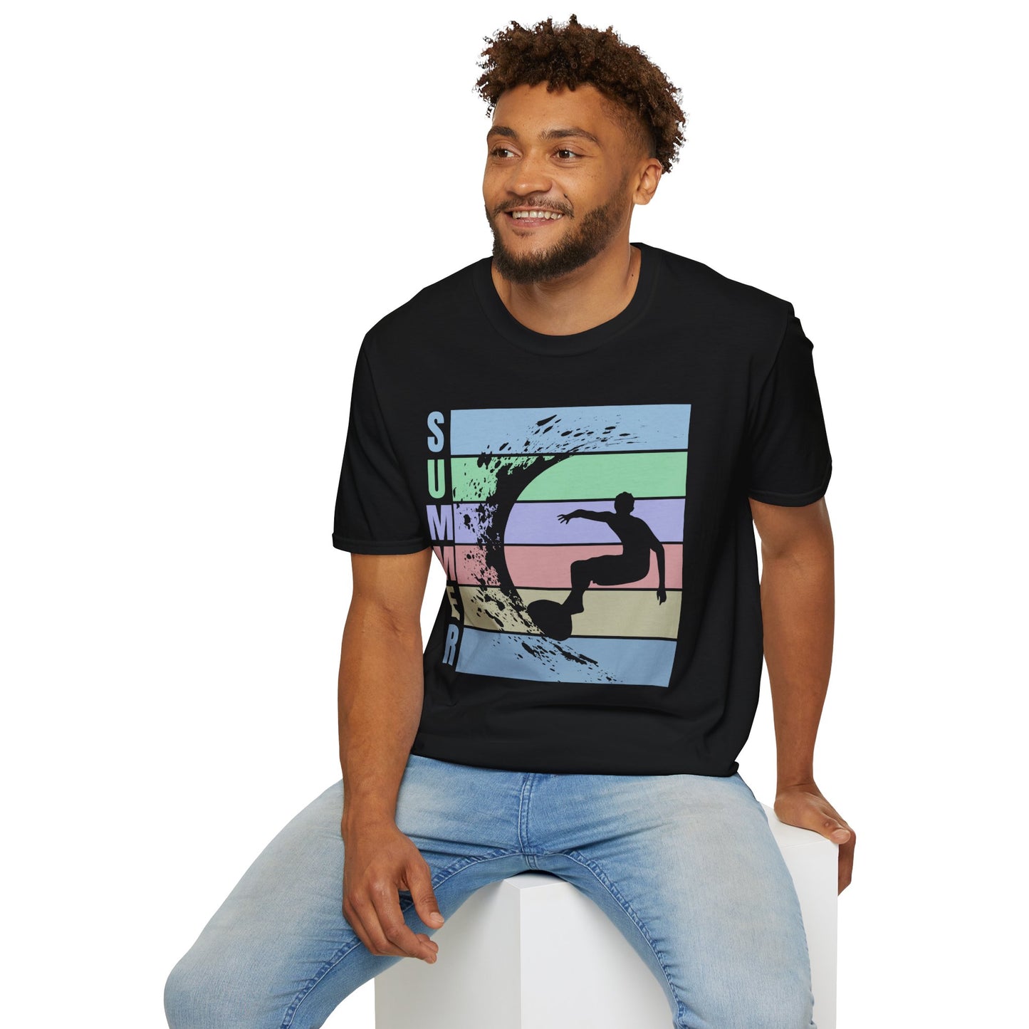 Summer Surf T-Shirt — Retro Stripes & Surfer Graphic