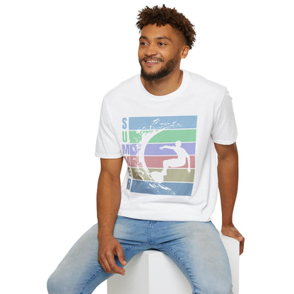 Summer Surf T-Shirt — Retro Stripes & Surfer Graphic