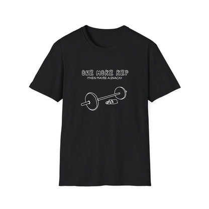 Funny Gym T-Shirt - "One More Rep (Then Maybe a Snack)" Barbell Fitness Tee