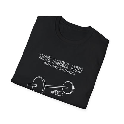 Funny Gym T-Shirt - "One More Rep (Then Maybe a Snack)" Barbell Fitness Tee