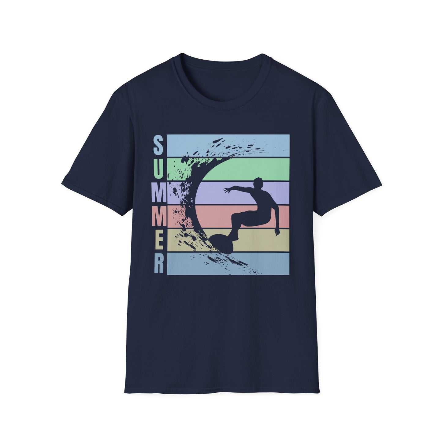 Summer Surf T-Shirt — Retro Stripes & Surfer Graphic