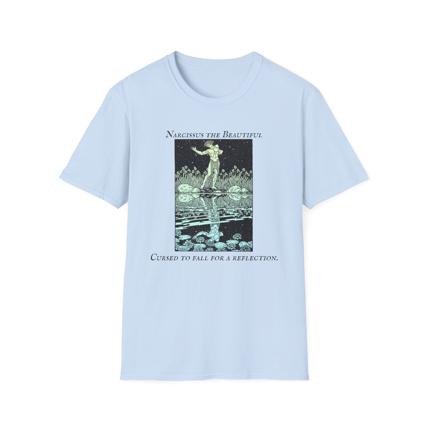 T-Shirt — 'Measured the Beautiful / Cared to Fall for a Reflection' Vintage Mirror Graphic