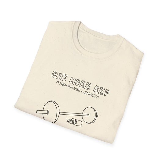 Funny Gym T-Shirt - "One More Rep (Then Maybe a Snack)" Barbell Fitness Tee