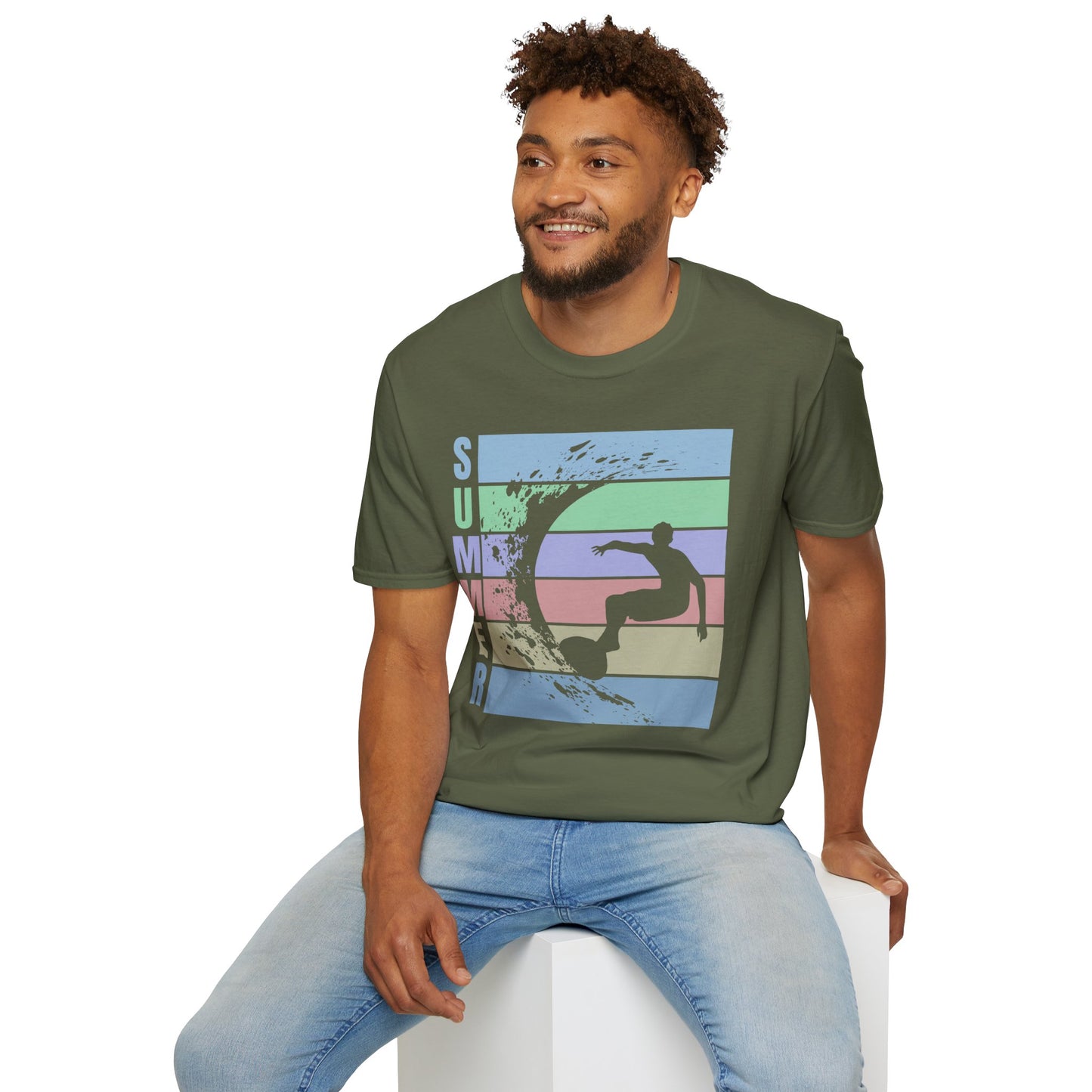 Summer Surf T-Shirt — Retro Stripes & Surfer Graphic