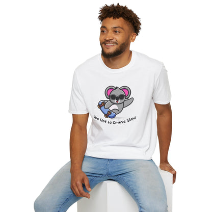 Koala Skateboard T‑Shirt — "Too Hot to Cruise Slow" Cute Skateboarder Graphic Tee
