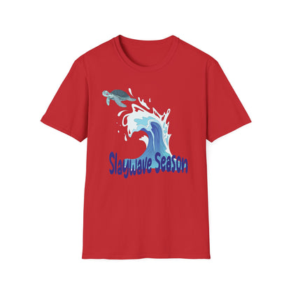 Sea Turtle Wave T-Shirt — "Slaywave Season" Coastal Surf Vibe Tee
