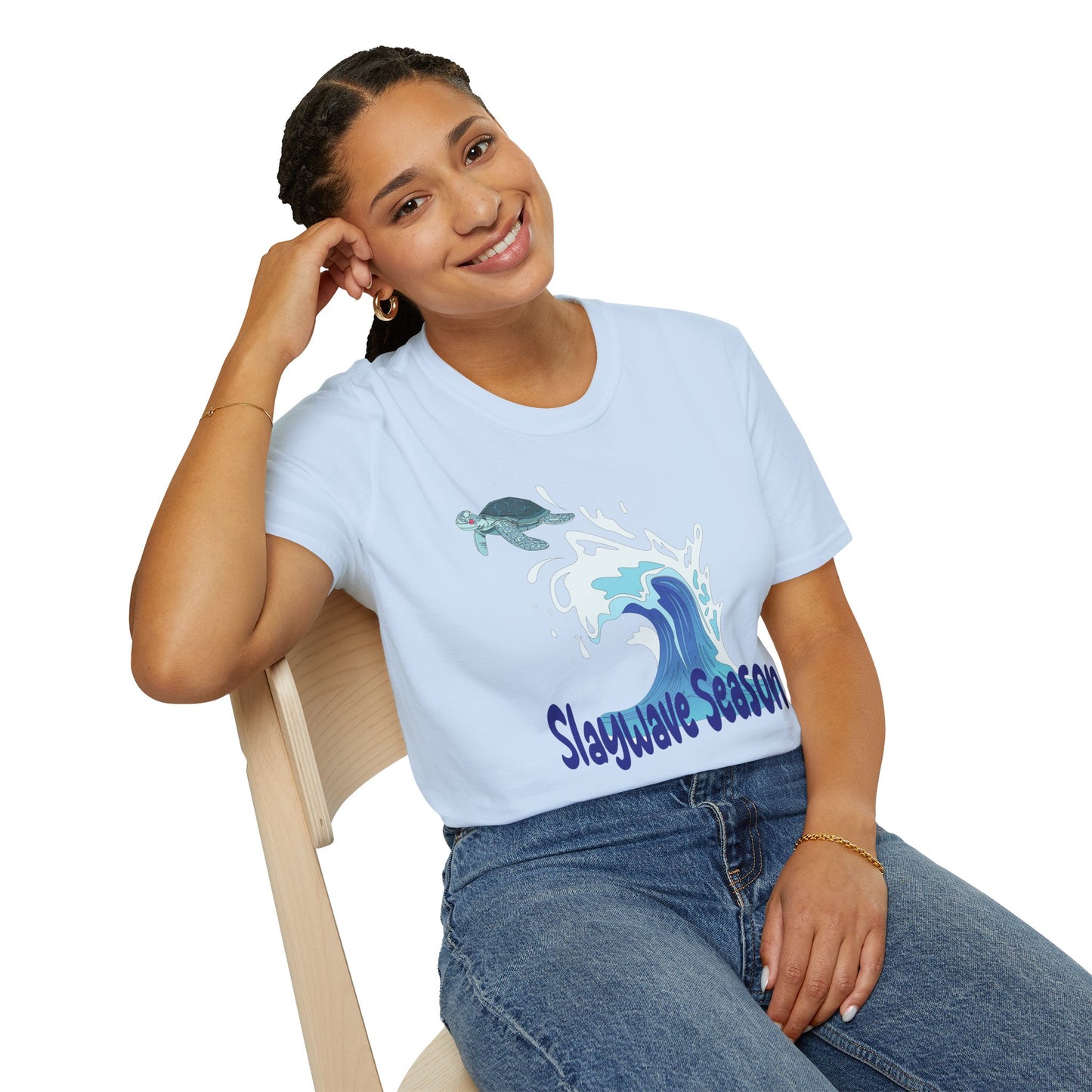 Sea Turtle Wave T-Shirt — "Slaywave Season" Coastal Surf Vibe Tee