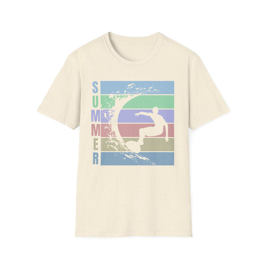 Summer Surf T-Shirt — Retro Stripes & Surfer Graphic