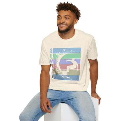 Summer Surf T-Shirt — Retro Stripes & Surfer Graphic