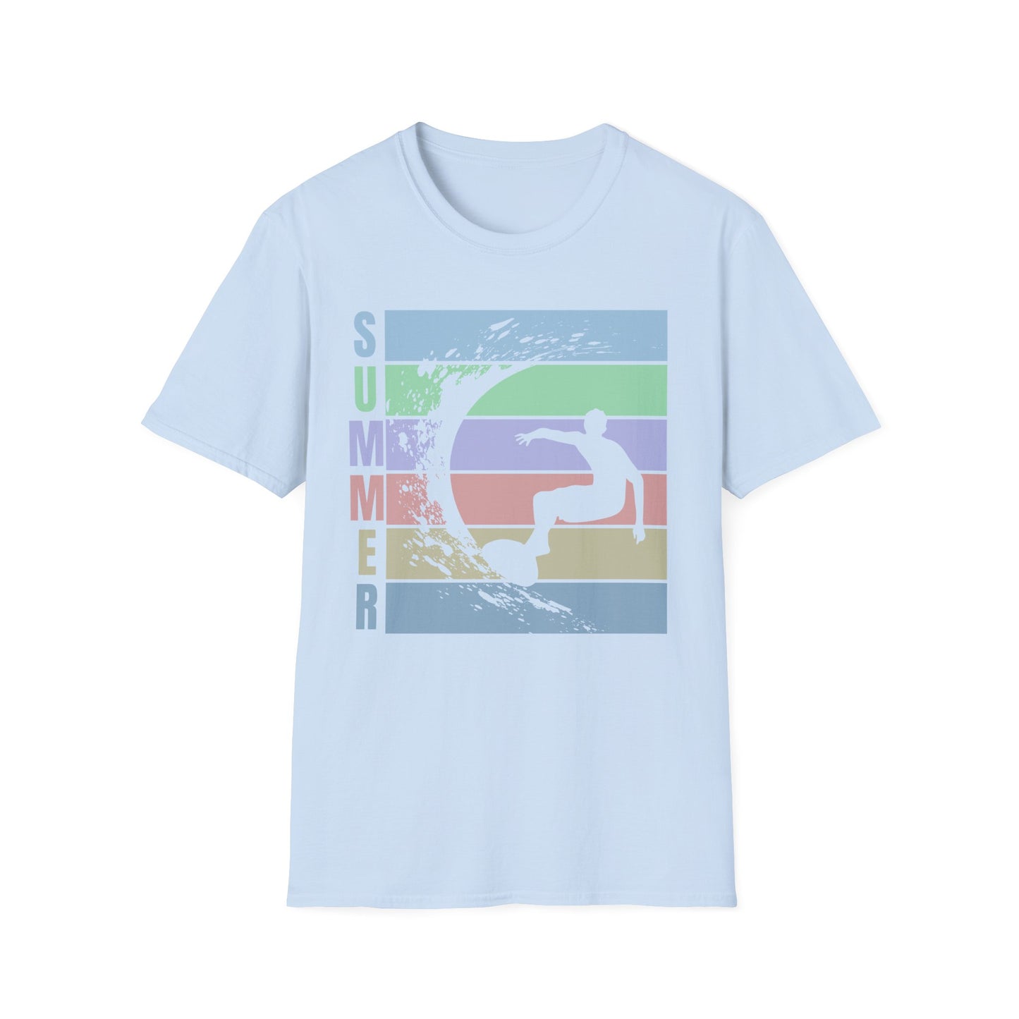 Summer Surf T-Shirt — Retro Stripes & Surfer Graphic
