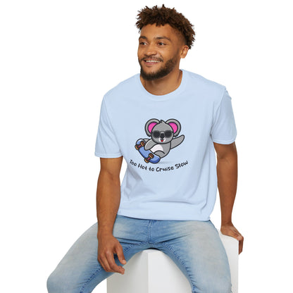 Koala Skateboard T‑Shirt — "Too Hot to Cruise Slow" Cute Skateboarder Graphic Tee