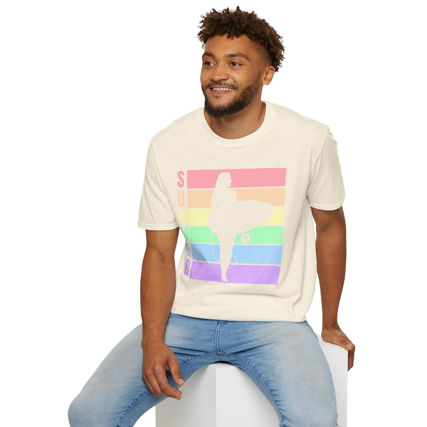 Summer Surf Silhouette T-Shirt — Pastel Rainbow Beach Tee