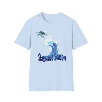 Sea Turtle Wave T-Shirt — "Slaywave Season" Coastal Surf Vibe Tee