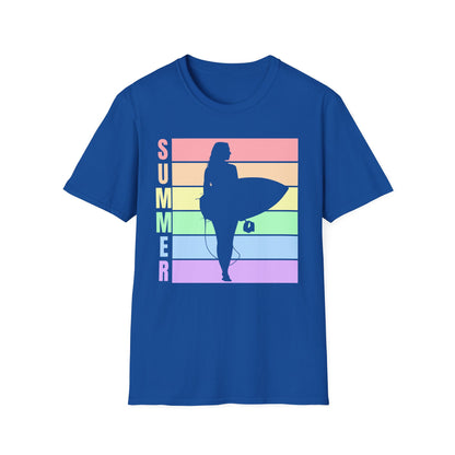 Summer Surf Silhouette T-Shirt — Pastel Rainbow Beach Tee