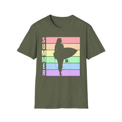 Summer Surf Silhouette T-Shirt — Pastel Rainbow Beach Tee