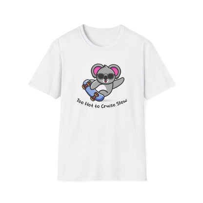 Koala Skateboard T‑Shirt — "Too Hot to Cruise Slow" Cute Skateboarder Graphic Tee
