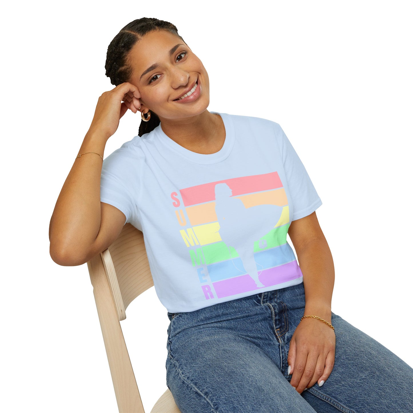 Summer Surf Silhouette T-Shirt — Pastel Rainbow Beach Tee