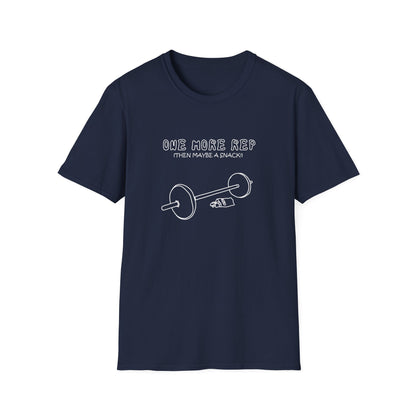 Funny Gym T-Shirt - "One More Rep (Then Maybe a Snack)" Barbell Fitness Tee