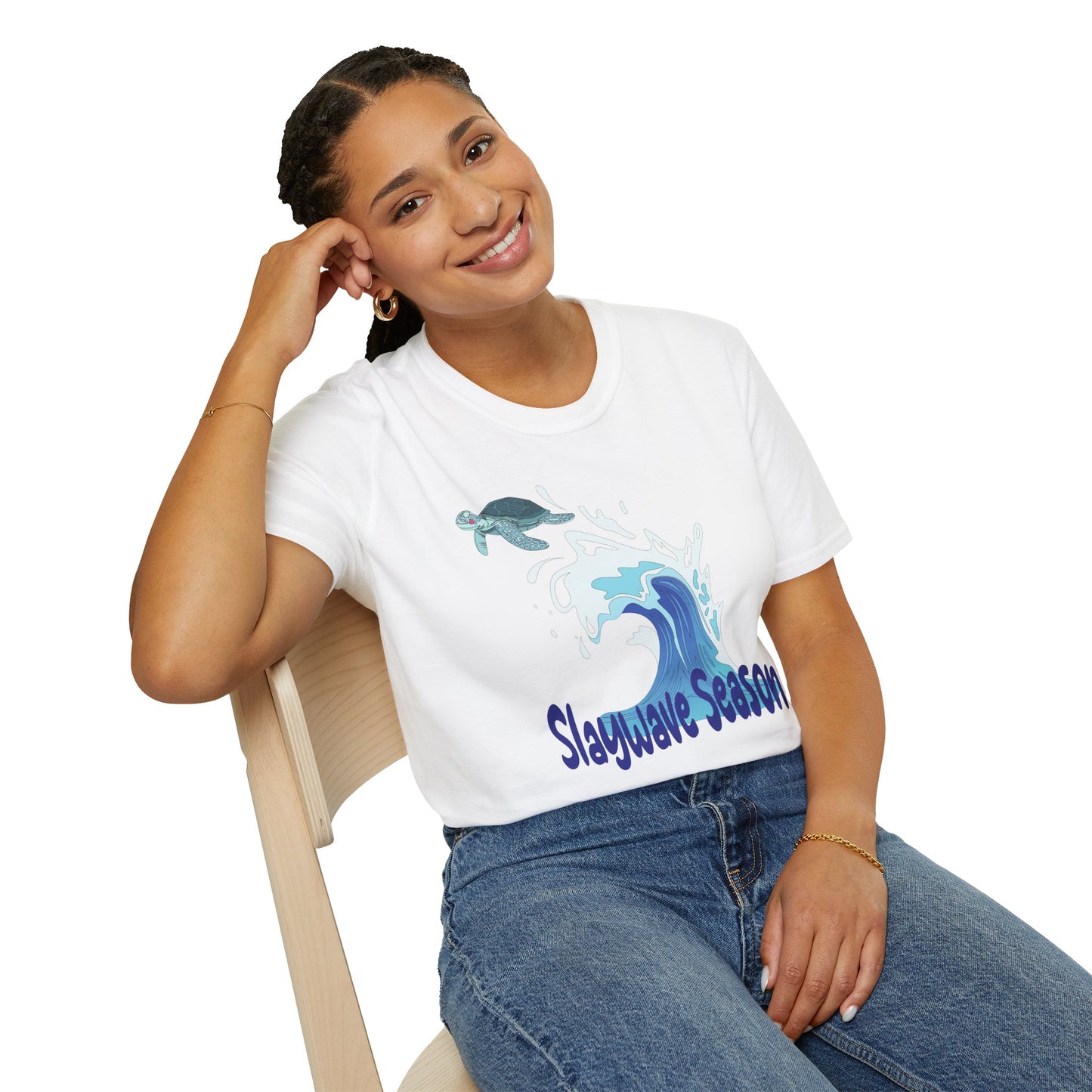 Sea Turtle Wave T-Shirt — "Slaywave Season" Coastal Surf Vibe Tee