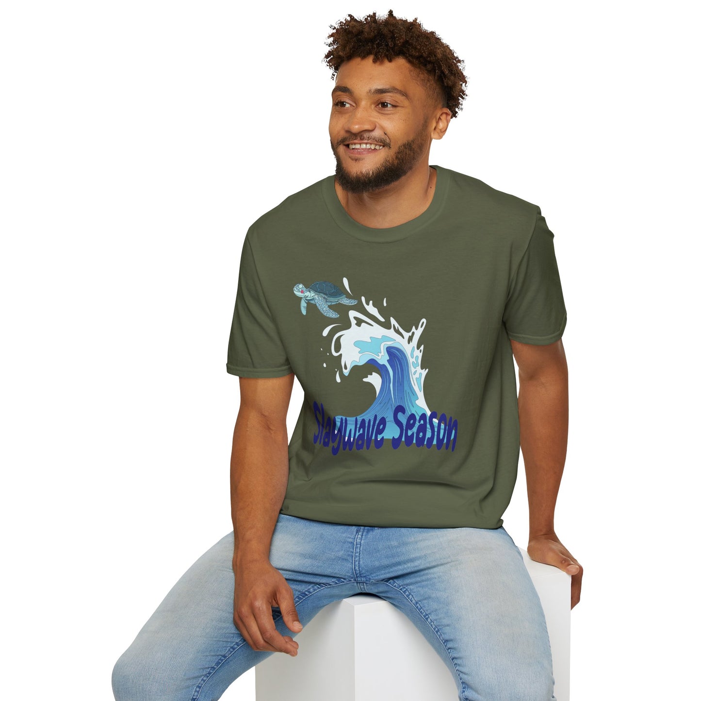 Sea Turtle Wave T-Shirt — "Slaywave Season" Coastal Surf Vibe Tee