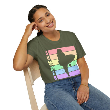 Summer Surf Silhouette T-Shirt — Pastel Rainbow Beach Tee