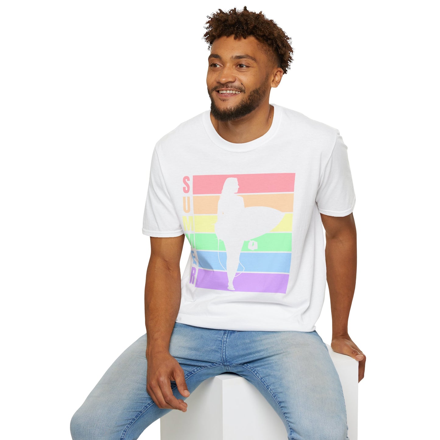 Summer Surf Silhouette T-Shirt — Pastel Rainbow Beach Tee