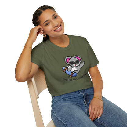 Koala Skateboard T‑Shirt — "Too Hot to Cruise Slow" Cute Skateboarder Graphic Tee