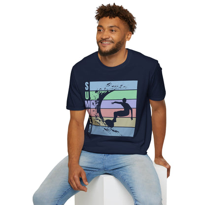 Summer Surf T-Shirt — Retro Stripes & Surfer Graphic