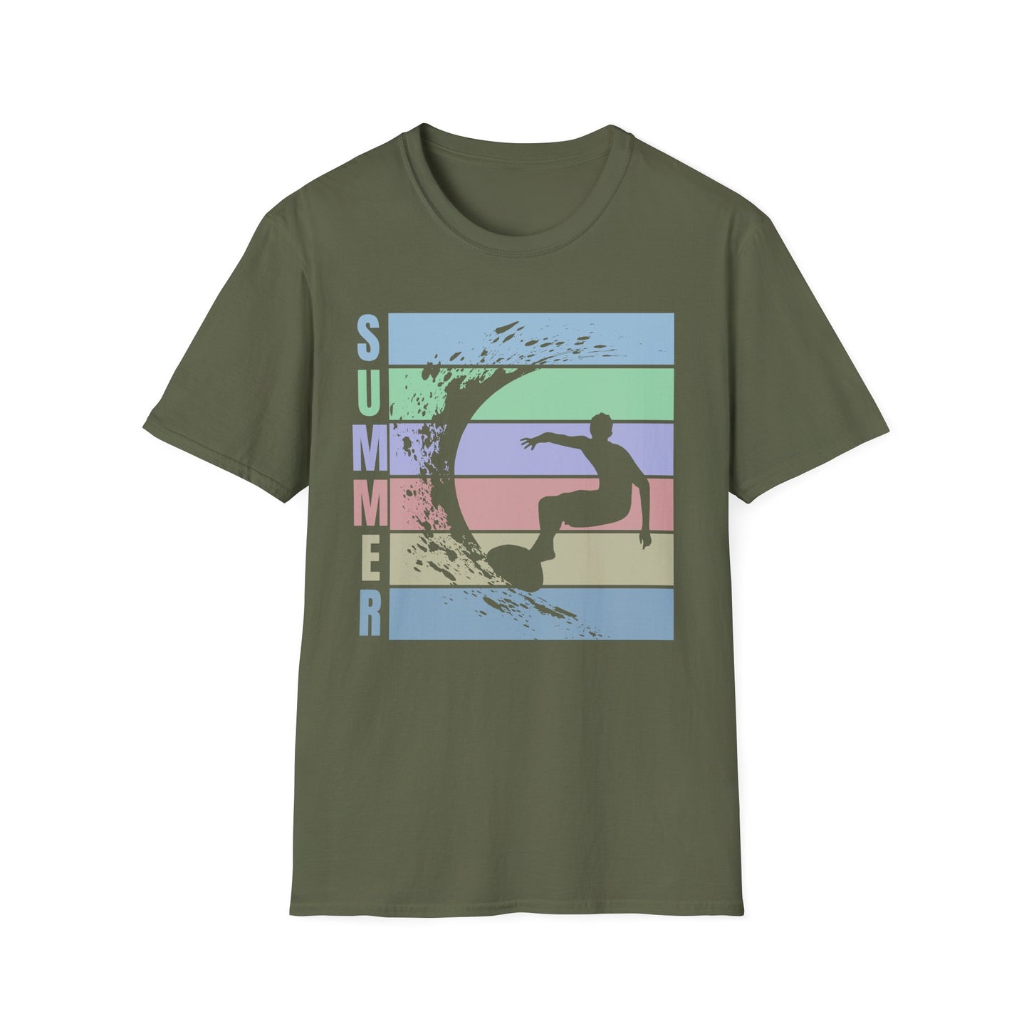 Summer Surf T-Shirt — Retro Stripes & Surfer Graphic