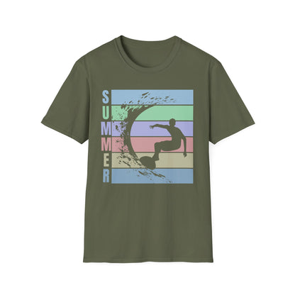 Summer Surf T-Shirt — Retro Stripes & Surfer Graphic