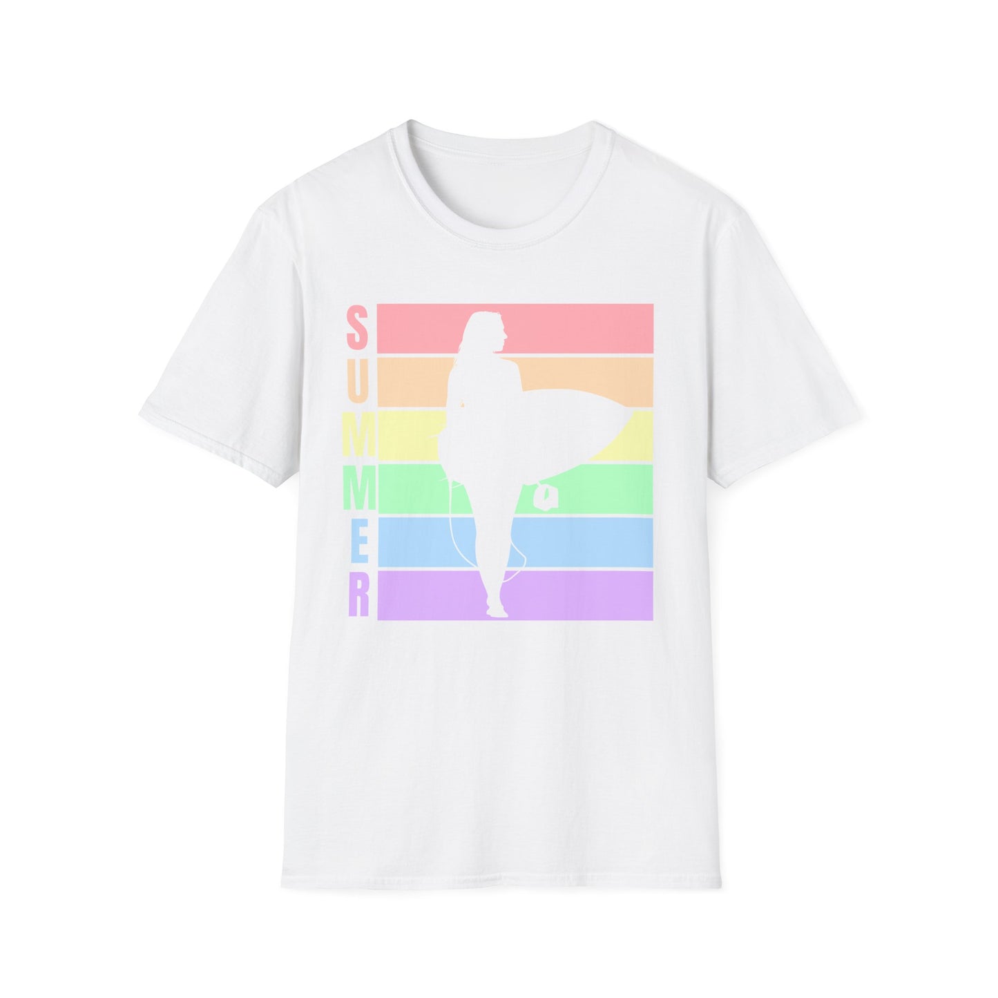 Summer Surf Silhouette T-Shirt — Pastel Rainbow Beach Tee