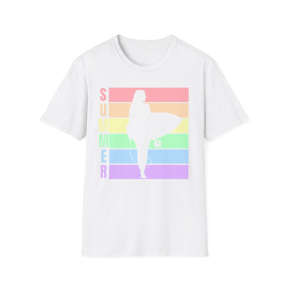 Summer Surf Silhouette T-Shirt — Pastel Rainbow Beach Tee